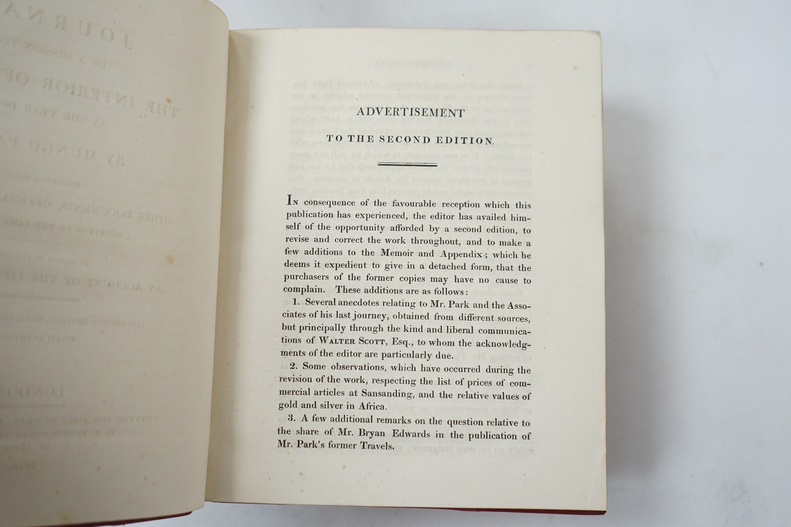 Park, Mungo - Interior of Africa, 1815, and Travels in the Interior District of Africa, 2 vols, quarter morocco, both 2nd editions, 1799